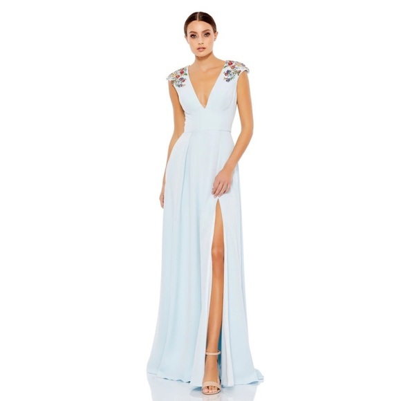 Mac Duggal 26540 NWT Powder Blue BEADED CAP SLEEVE V NECK A LINE GOWN - Picture 1 of 7